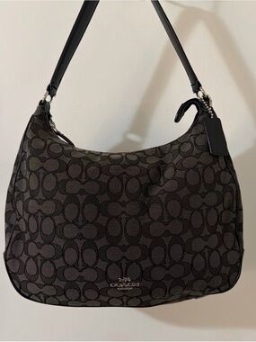 Coach Black Signature Jacquard Hobo with Leather Strap